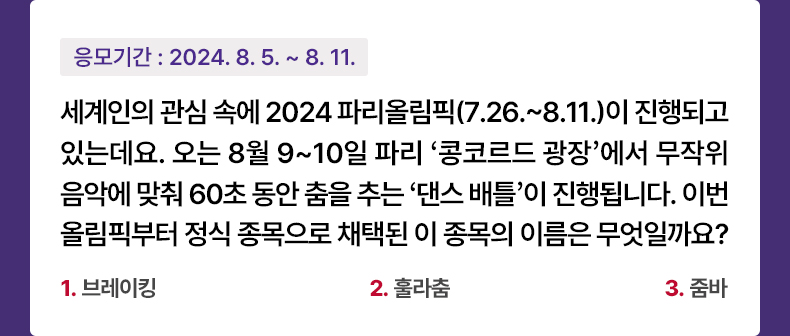 응모기간 2024.8.5 ~ 2024.8.11 세계인의 관심 속에 2024 파리올림픽(7.26.~8.11.)이 진행되고 있는데요. 오는 8월 9~10일 파리 ‘콩코르드 광장’에서 무작위 음악에 맞춰 60초 동안 춤을 추는 ‘댄스 배틀’이 진행됩니다. 이번 올림픽부터 정식 종목으로 채택된 이 종목의 이름은 무엇일까요? - 1.브레이킹 2.훌라춤 3.줌바