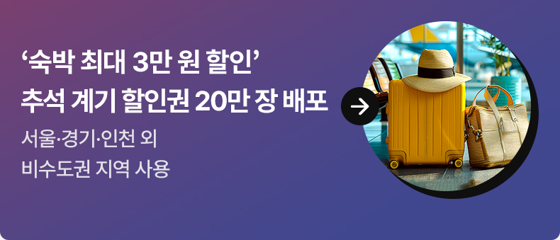 ‘숙박 최대 3만 원 할인’…추석 계기 할인권 20만 장 배포 서울·경기·인천 외 비수도권 지역 사용