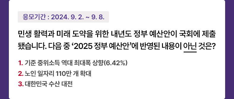 응모기간 2024.9.2 ~ 2024.9.8 민생 활력과 미래 도약을 위한 내년도 정부 예산안이 국회에 제출됐습니다. 다음 중 ‘2025 정부 예산안’에 반영된 내용이 아닌 것은? 1. 기준 중위소득 역대 최대폭 상향(6.42%) 2. 노인 일자리 110만 개 확대 3. 대한민국 수산 대전