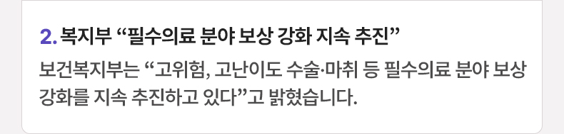 2. 복지부 “필수의료 분야 보상 강화 지속 추진” 보건복지부는 “고위험, 고난이도 수술·마취 등 필수의료 분야 보상 강화를 지속 추진하고 있다”고 밝혔습니다.