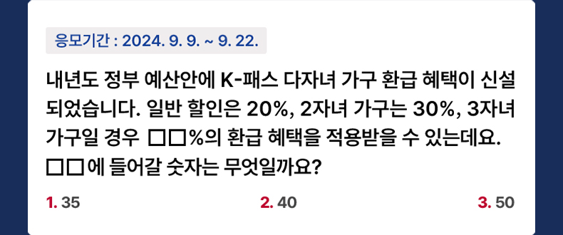 응모기간 2024.9.9 ~ 2024.9.22 내년도 정부 예산안에 K-패스 다자녀 가구 환급 혜택이 신설되었습니다. 일반 할인은 20%, 2자녀 가구는 30%, 3자녀 가구일 경우 □□%의 환급 혜택을 적용받을 수 있는데요. □□에 들어갈 숫자는 무엇일까요? 1. 35 2. 40 3. 50