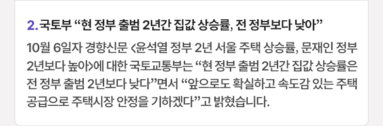 2. 국토부 “현 정부 출범 2년간 집값 상승률, 전 정부보다 낮아”  10월 6일자 경향신문 <윤석열 정부 2년 서울 주택 상승률, 문재인 정부 2년보다 높아>에 대한 국토교통부는 “현 정부 출범 2년간 집값 상승률은 전 정부 출범 2년보다 낮다”면서 “앞으로도 확실하고 속도감 있는 주택공급으로 주택시장 안정을 기하겠다”고 밝혔습니다.