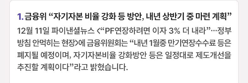 1. 금융위 “자기자본 비율 강화 등 방안, 내년 상반기 중 마련 계획” 12월 11일 파이낸셜뉴스 <“PF연장하려면 이자 3% 더 내라”...정부 방침 안먹히는 현장>에 금융위원회는 “내년 1월중 만기연장수수료 등은 폐지될 예정이며, 자기자본비율 강화방안 등은 일정대로 제도개선을 추진할 계획이다”라고 밝혔습니다.