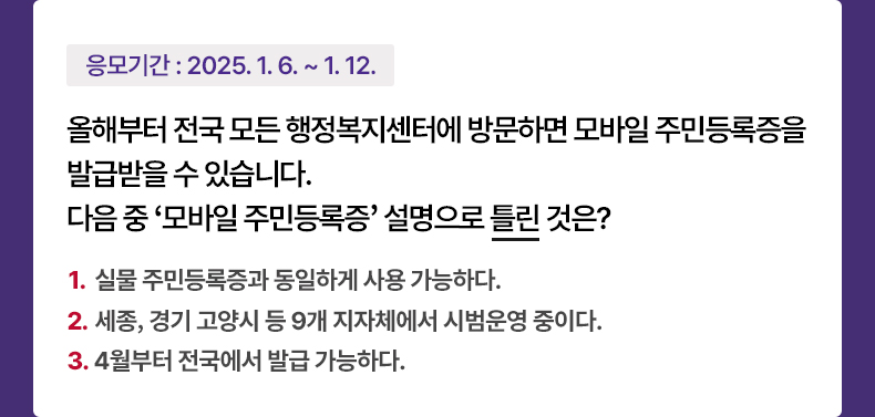 응모기간 2025.1.6 ~ 2025.1.12 올해부터 전국 모든 행정복지센터에 방문하면 모바일 주민등록증을 발급받을 수 있습니다. 다음 중 ‘모바일 주민등록증’ 설명으로 틀린 것은? 1) 실물 주민등록증과 동일하게 사용 가능하다. 2) 세종, 경기 고양시 등 9개 지자체에서 시범운영 중이다. 3) 4월부터 전국에서 발급 가능하다.