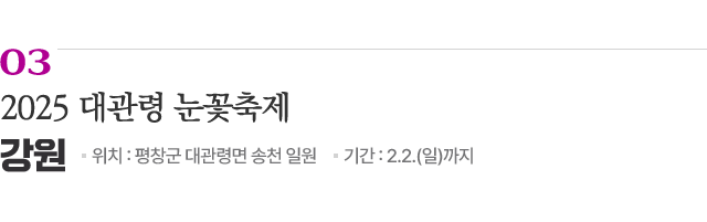 03 2025 대관령 눈꽃축제 / 위치: 강원 평창군 대관령면 송천 일원 / 기간: 2.2.(일)까지 / 자세히보기